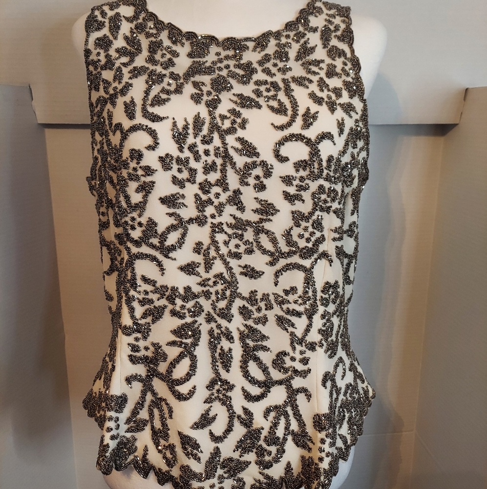 Embellished White & Black Beaded Sleeveless Blouse